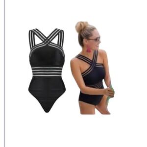 New Black Cross Over One Piece Swimsuit Size Medium